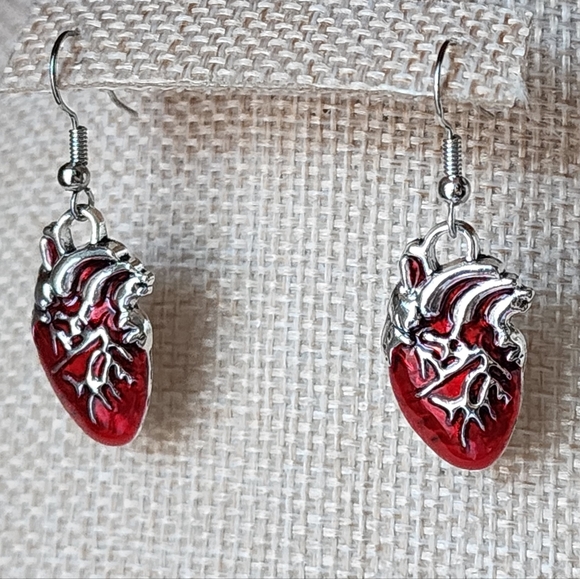 Silver and Red Anatomical Heart Earrings - Picture 2 of 6